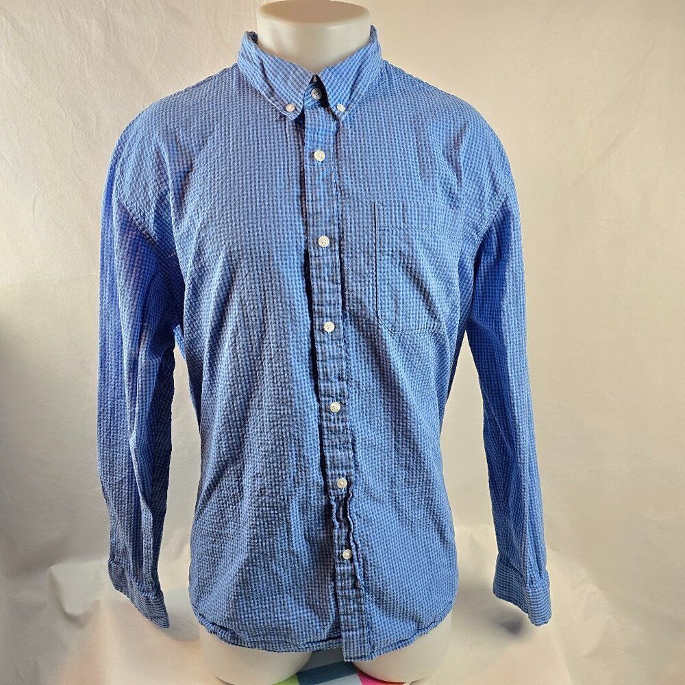 L.L. Bean Shirt Mens XL Blue Button Down Gingham Seersucker Traditional Preppy